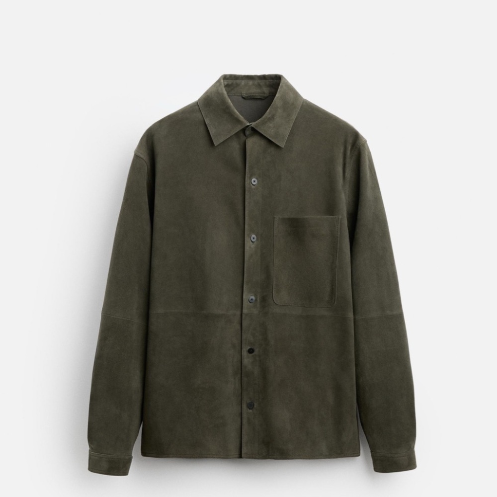 Zara Goat Suede olive green Leather Jacket over shirt - Men's Size Large…